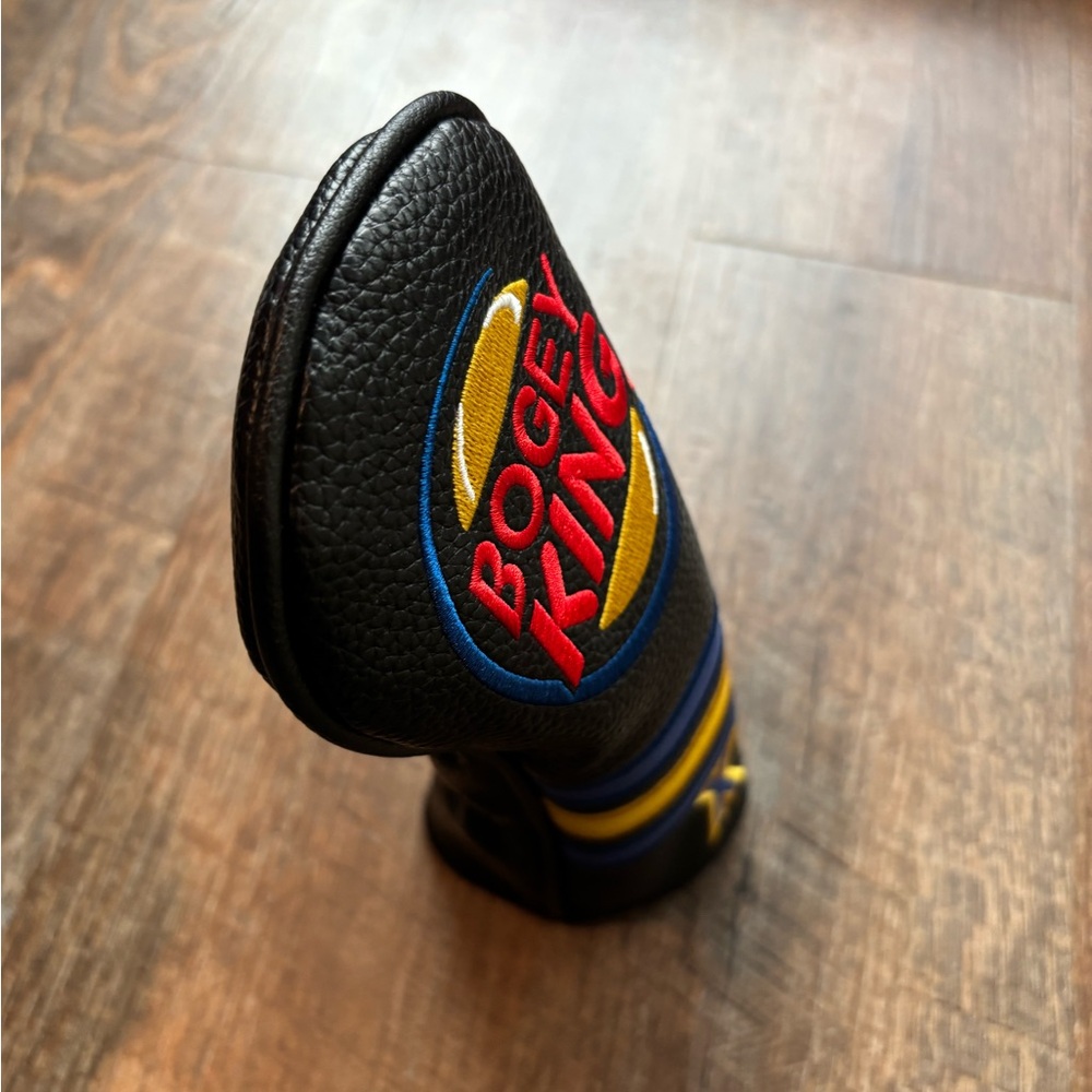 Bogey King Hybrid Golf Club Headcover – Black Leather w/ Blue & Yellow